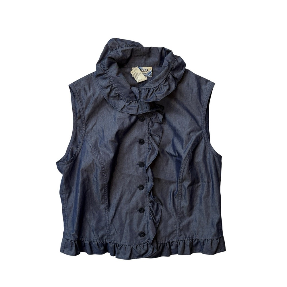 KENZO Paris Vintage Shirt Women's Sz 44 Blue Button Up Sleeveless Ruffles Y2K